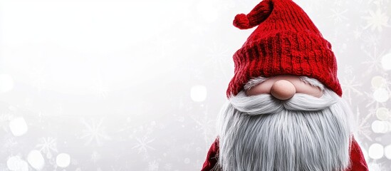 Poster - Christmas postcard featuring a Scandinavian gnome in a red hat Gnome on a white background with blank space for text. with copy space image. Place for adding text or design