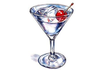 Canvas Print - Watercolor illustration of a martini glass with ice and a cherry.