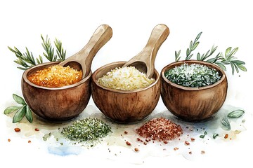 Wall Mural - Watercolor Illustration of Spices in Bowls with Wooden Spoons and Herbs.