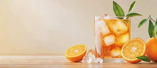 Leinwandbilder - a Kombucha cocktail with ice and a slice of tangerine. with copy space image. Place for adding text or design