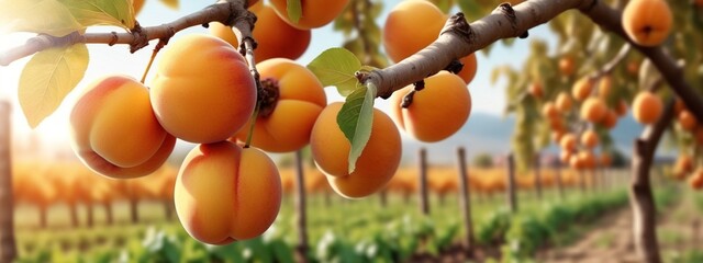 Apricot picking. Ripe fruits of the apricot tree on a branch with leaves in an orchard.