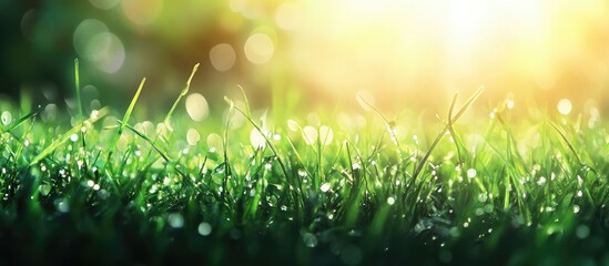 Aufkleber - Fresh green grass with sunlight and water droplets in the background. with copy space image. Place for adding text or design