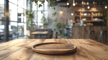 Poster - Empty wooden table with a blurred background of a modern restaurant interior. Generative AI.