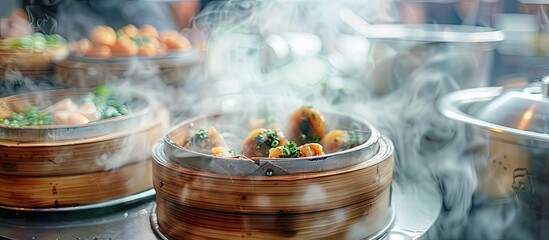 Leinwandbilder - Chinese cuisine steamed dim sum in a traditional bamboo steamer. with copy space image. Place for adding text or design