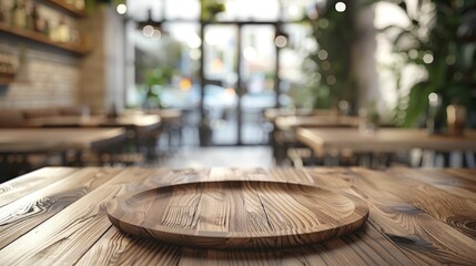 Poster - Empty wooden table with a blurred background of a modern restaurant interior. Generative AI.