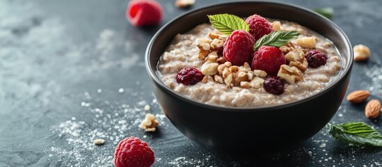Aufkleber - oatmeal topped with nuts and raspberries. with copy space image. Place for adding text or design