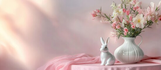 Aufkleber - on the table with a pink tablecloth there is a vase of flowers and a white porcelain rabbit. with copy space image. Place for adding text or design