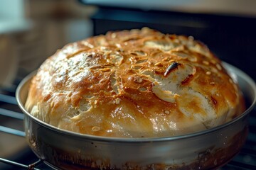 Round loaf of bread baking in the oven, showing a delicious golden crust and sesame seeds