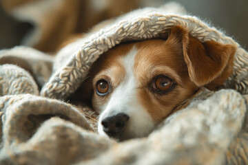 Poster - A small brown and white dog laying under a blanket