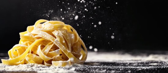 Aufkleber - Homemade uncooked tagliatelle pasta and dough rolling on a black background Preparing fresh Italian tagliatelle The word pasta made from flour Banner. with copy space image