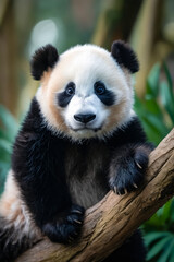 Poster - A panda bear sitting on a tree branch looking at the camera