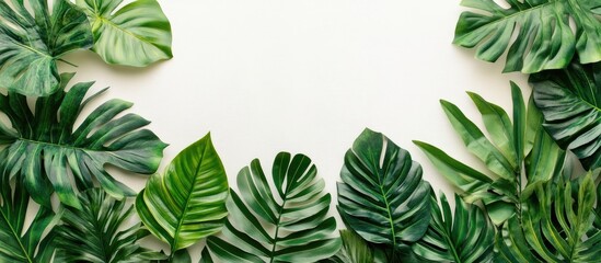 Poster - Green tropical leaves on a white background Flat lay top view copyspace