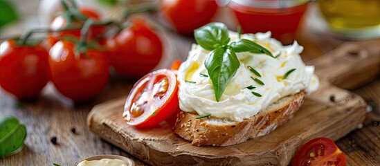 Mascarpone cheese spread on French bread accompanied by tomato juice. with copy space image. Place for adding text or design