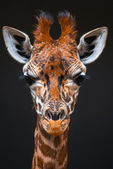 Poster - A close up of a giraffe's face with a black background