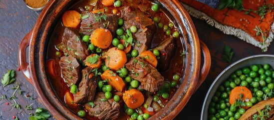 Fototapete - Traditional Moroccan tajine featuring beef with carrots and peas. with copy space image. Place for adding text or design