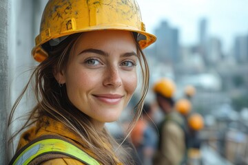 Wall Mural - confident female construction worker in yellow hard hat and highvis vest proudly smiling at camera with diverse team working on modern building site behind her