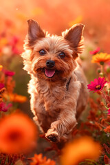 Poster - A small dog running through a field of flowers