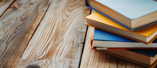 Wall Mural - books hardback book vibrant wooden table back to school copy space for text education school and bus
