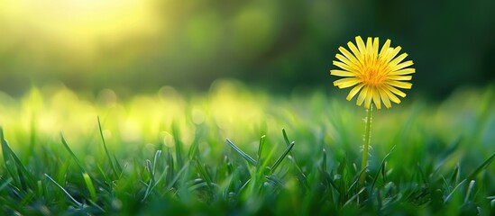 Poster - Yellow flower in the green grass Dandelion flowers with copyspace Yellow flower in a minimalist style
