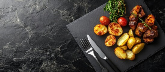 Fototapete - Top view of an empty slate board featuring a fork and knife accompanied by roasted potatoes and vegetables on a black surface. with copy space image. Place for adding text or design