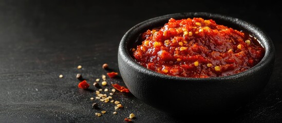 Aufkleber - Harissa sauce in a bowl against a black background close up Adjika hot chili pepper sauce Copy space