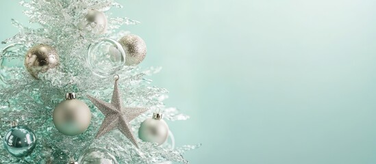 Poster - Close up of a glass Christmas tree adorned with balls and a star against a pastel green background featuring copy space