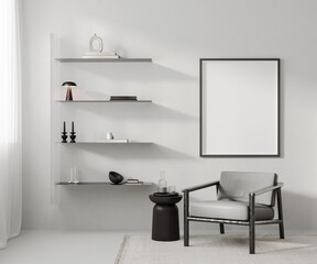 frame mockup in modern room interior in gray concrete with modern black armchair and coffee table, shelves with decor and books, 3d render