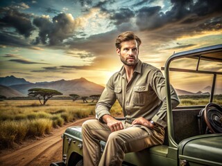 Rugged masculine figure in a vintage jeep on a wild animal safari hunt, surrounded by vast wilderness, amidst a nostalgic retro advertising backdrop from the 1960s.