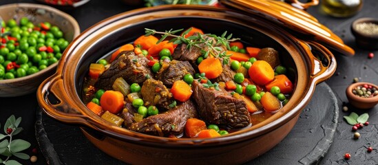 Fototapete - Traditional Moroccan tajine featuring beef with carrots and peas. with copy space image. Place for adding text or design