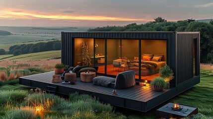 Poster - Black shipping container home, modern style with large windows and open air living room on the roof terrace overlooking rolling green hills at sunset. Generative AI.