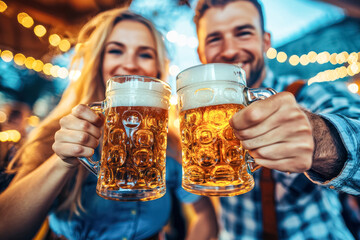 Wall Mural - Oktoberfest Beer Toast: Happy Couple Enjoying the Night. A joyful photo of a couple in traditional Bavarian attire, toasting with beer mugs under festive lights at Oktoberfest.
