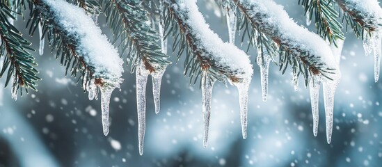 Poster - Close up of snow covered spruce branches Winter Christmas backdrop Icicles hanging from spruce branches dripping with melting water. with copy space image. Place for adding text or design