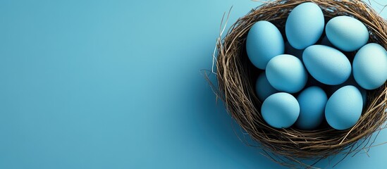 Poster - Banner featuring Easter eggs in blue hues arranged in a nest Copy space The idea of chic decoration for Easter greeting cards and more