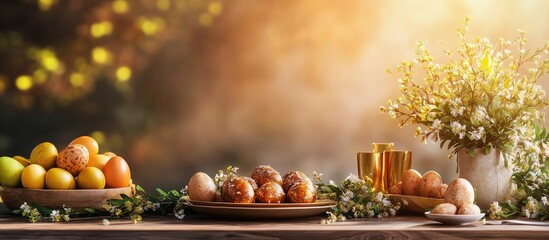 Aufkleber - Easter table arrangement Easter food backdrop. with copy space image. Place for adding text or design