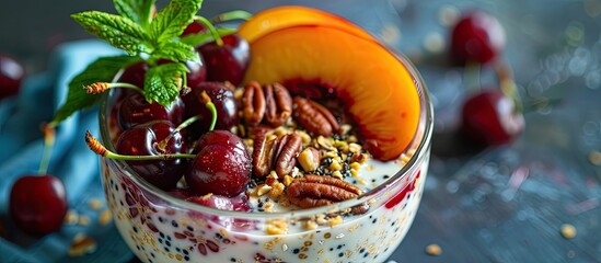 nutritious breakfast overnight oats featuring fresh black cherries peaches and pecans in a glass. wi