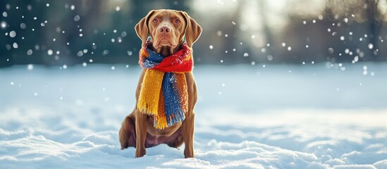 Attractive Hungarian Short Wirehaired Pointing Dog Vizsla adorned in a red yellow orange and blue scarf sitting on a snowy surface Winter in the park Copyspace image