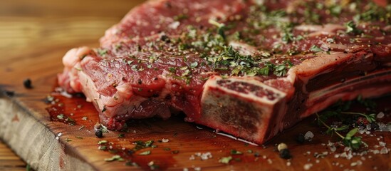 Leinwandbilder - Raw beef on the bone steak seasoned with spices barbecue marinade red sauce Traditional cuisine uncooked meat on a board. with copy space image. Place for adding text or design