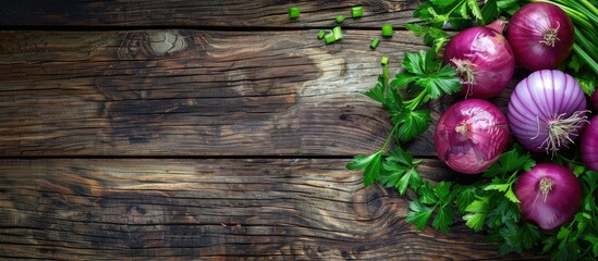 Poster - Onion greens on a wooden surface with copyspace