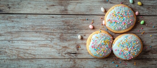 Poster - Easter Cookies Homemade Cookies topped with Sugar Icing and Sprinkles on a Wooden Background. with copy space image. Place for adding text or design