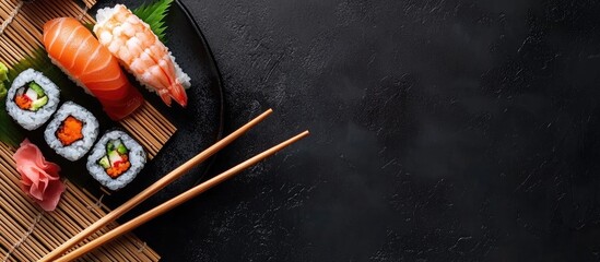 Aufkleber - Sushi plates accompanied by bamboo napkins on a black background with chopsticks copyspace template advertising