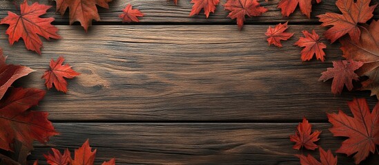 Poster - Autumn maple leaves on a wooden surface Space for a written message. with copy space image. Place for adding text or design