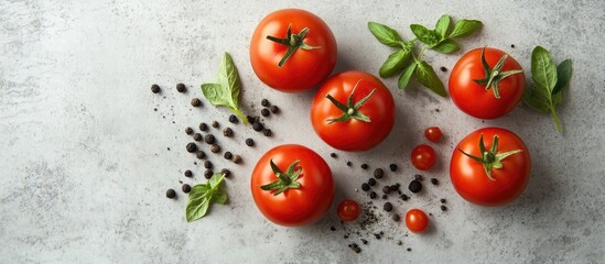 Poster - Raw tomatoes herbs and black pepper on a light concrete surface Top view with copyspace