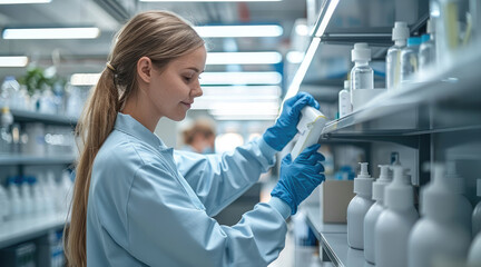 Aufkleber - Woman cleaning a modern office as she wipes down shelves in a lab. Generative AI.