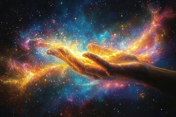 cosmic creation scene swirling nebulas and emerging planets amidst celestial light divine hand stret