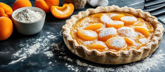 Poster - apricot pie along with a bowl containing flour and other ingredients and tools on the table. with copy space image. Place for adding text or design