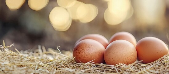 Poster - Close up of fresh brown eggs on hay. with copy space image. Place for adding text or design
