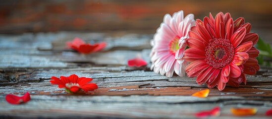 Poster - flower on wooden table background. with copy space image. Place for adding text or design