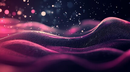 Wall Mural - Abstract Pink and Black Digital Landscape with Glittering Particles - Abstract digital landscape with flowing pink and black lines, glowing particles, and a futuristic feel.