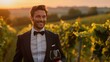 © Milan - Man in a tuxedo smiling warmly while holding a glass of wine in a vineyard, capturing a moment of relaxation and pleasure amidst a picturesque backdrop.