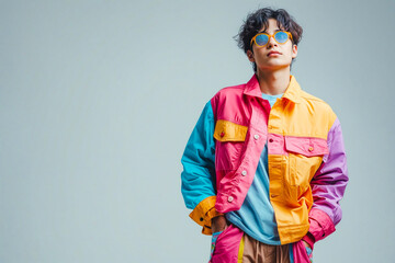 Canvas Print - A young man wearing a colorful jacket and sunglasses.